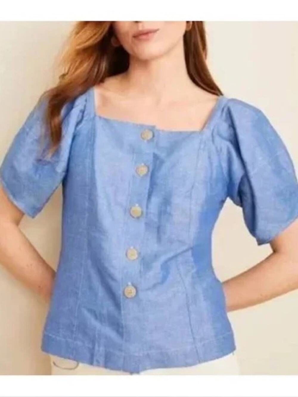 Ann Taylor Blue Linen Cotton Puff Sleeve Blouse Cottagecore Coastal XS